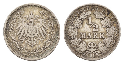 Германия 1/2 марки 1905 A KM 14, J. 17 серебро 4164-318