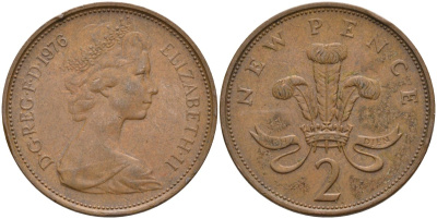 Великобритания 2 пенса 1976 Елизавета II (1952-2022) KM 916, Spink 4235 (C1) бронза 4587-912