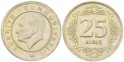 Турция 25 курушей 2014 KM 1242 медно-никель 4610-1114