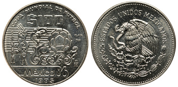 Мексика 100 песо 1985 чемпионат мира по футболу в Мексике 1986 года KM 499 серебро UNC 04-102-41