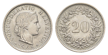 Швейцария 20 раппенов 1969 B KM 29a медно-никель 4547-444