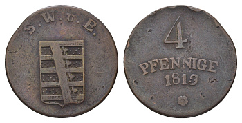 Саксен-Веймар-Эйзенах 4 пфеннига 1813 KM 166 медь 4626-133