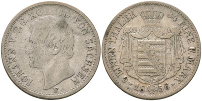 Саксония 1/6 талера 1856 F, Иоганн I (1854-1873) KM 1186, AKS 141 серебро 4584-1114