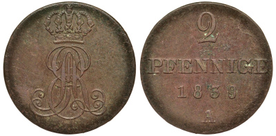 Ганновер 2 пфеннига 1839 A, Эрнст Август (1837-1851) KM 174.1, AKS 122, J. 55 медь 75-1712