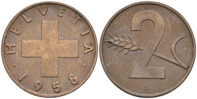 Швейцария 2 раппена 1958 В KM 47 бронза 4591-1222