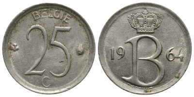 Бельгия 25 сантимов 1964 Belgie, Бодуэн I (1951-1993) KM 154.1 медно-никель 54-1025
