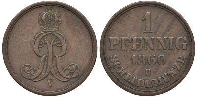 Ганновер 1 пфенниг 1860 B, Георг V KM 233, AKS 156, J. 90 медь 4594-235