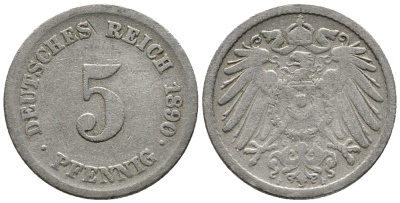 ГЕРМАНИЯ 5 ПФЕННИГОВ 1890 F KM 11, J. 12 медно-никель 39-635