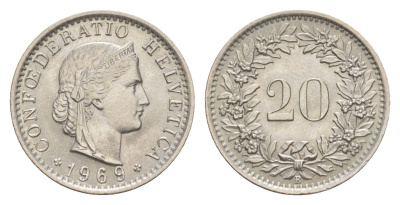 Швейцария 20 раппенов 1969 B KM 29a медно-никель 4547-444