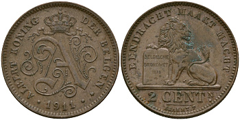 Бельгия 2 сантима 1911 Belgen KM 65 медь 4135-953