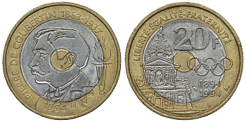 Франция 20 франков 1994 100 лет международному Олимпийскому комитету, Пьер Кубертен KM 1036, Le Franc 405.2 триметалл 4123-724