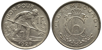 ЛЮКСЕМБУРГ 1 ФРАНК 1928 СТАЛЕВАР, ДИАМЕТР 22,8 ММ., ВЕЛИКАЯ ГЕРЦОГИНЯ ШАРЛОТТА (1919-1964) KM 35 никель 4538-911