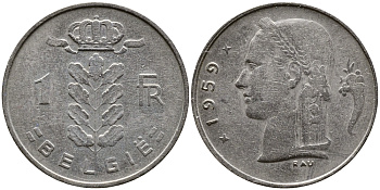БЕЛЬГИЯ 1 ФРАНК 1959 BELGIE KM 143.1 медно-никель 4388-1215