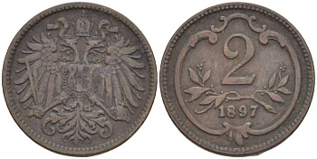 АВСТРИЯ 2 ГЕЛЛЕРА 1897 ФРАНЦ ИОСИФ (1846-1918) KM 2801 бронза 201-949