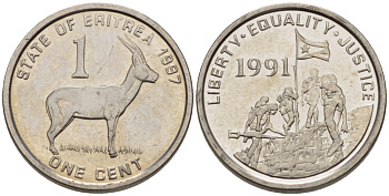 Эритрея 1 цент 1997 краснолобая антилопа KM 43 сталь плакированная никелем UNC 66-743