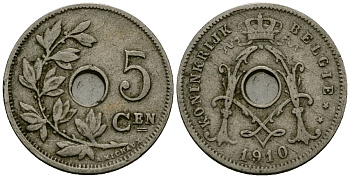 Бельгия 5 сантимов 1910 Belgie KM 67 медно-никель 4173-166