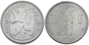 БЕЛЬГИЯ 1 ФРАНК 1943 BELGIE-BELGIQUE, ЛЕОПОЛЬД II (1934-1950), ГЕРМАНСКАЯ ОККУПАЦИЯ, ВТОРАЯ МИРОВАЯ ВОЙНА, В ЛАКЕ KM 128 цинк 202-934