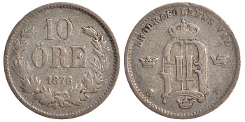 Швеция 10 эре 1876 Оскар II (1872-1907) король Швеции и Норвегии KM 737 серебро 4179-513