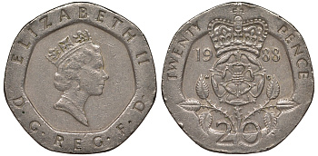 Великобритания 20 пенсов 1988 Елизавета II (1952-2022) KM 939, Spink 4361 (G2) медно-никель 4122-1116