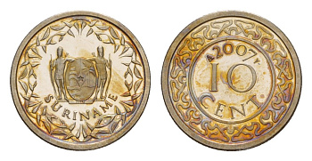 Суринам 10 центов 2007 тираж 1000 экземпляров KM 13a медно-никель BU 4649-1017