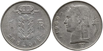 БЕЛЬГИЯ 1 ФРАНК 1959 BELGIE KM 143.1 медно-никель 4388-1215