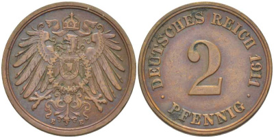 ГЕРМАНИЯ 2 ПФЕННИГА 1911 E KM 16, J. 11, Weege 4 медь 206-562