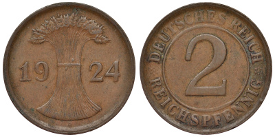 Германия 2 рейхспфеннига 1924 D KM 38, J. 314, Weege 4 бронза 4121-553
