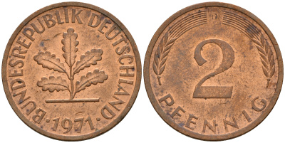 ФРГ 2 пфеннига 1971 D J.381a, KM 106a сталь плакированная медью    4598-764