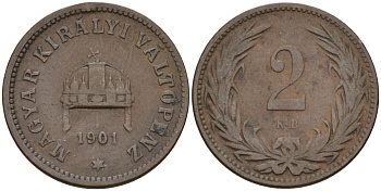 Венгрия 2 филлера 1901 KB, Франц Иосиф I (1848-1916) KM 481 бронза 4151-942