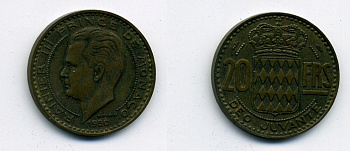 Монако 20 франков 1950 Ренье III (1949-2005) KM 131 алюминиевая бронза 29-816