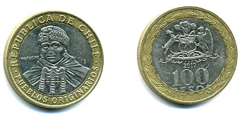 Чили 100 песо 2010 индейцы Мапуче KM 236 биметалл 41-623