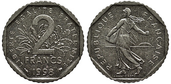 Франция 2 франка 1998 сеятель KM 942.1, Le Franc 272.26 никель 3855-846