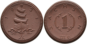 Саксония 1 марка 1921 парусник J. N 55 фарфор 1094-4-82