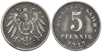 Германия 5 пфенингов 1917 A, Вильгельм II (1888-1918) KM 19 железо плакированная никелем 4532-366