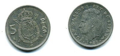 ИСПАНИЯ 5 ПЕСЕТ 1982 ХУАН КАРЛОС I KM 823 медно-никель 51-4444