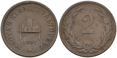 Венгрия 2 филлера 1901 KB, Франц Иосиф I (1848-1916) KM 481 бронза 4151-942