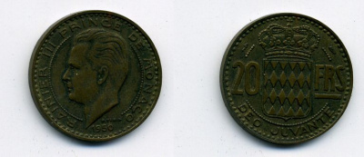 Монако 20 франков 1950 Ренье III (1949-2005) KM 131 алюминиевая бронза 29-816