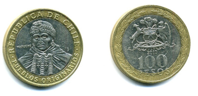 Чили 100 песо 2010 индейцы Мапуче KM 236 биметалл 41-623