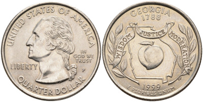 США 25 центов = квотер 1999 Р, серия штаты США, Джорджия KM 296 медь плакированная медно-никелем 4586-113