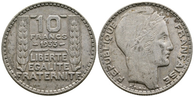 Франция 10 франков 1933 Пьер Тюрен KM 878, Le Franc 360.6 серебро 63-645