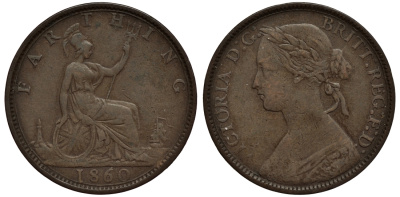 Великобритания 1 фартинг 1860 Виктория (1837-1901), зубчатая кайма KM 747.2, Spink 3958 бронза 4114-734