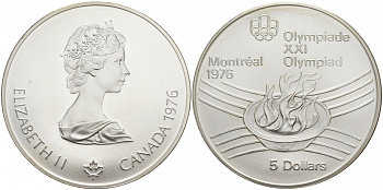Канада 5 долларов 1976 XXI летние Олимпийские игры в Монреале 1976 года, Олимпийский огонь KM 110 серебро UNC 00-00