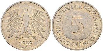 ФРГ 5 марок 1989 G, KM 140.1 , J 415 медно-никель плакированный никелем 85-1154