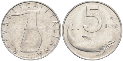 Италия 5 лир 1998 R, дельфин KM 92 алюминий  UNC  4594-962
