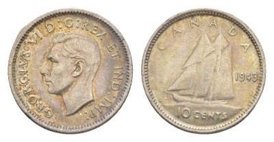 Канада 10 центов 1943 Георг VI (1936-1952), парусник KM 34 серебро PROOF-LIKE (BU) 4630-959