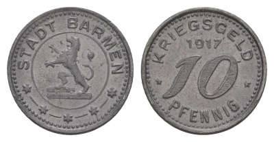 Бармен 10 пфеннигов 1917 Funck 30.1, Men05 1453.1, Men18 1851.1 цинк 4636-1144