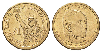 США 1 доллар 2009 P, Президент США - Джон Тайлер (1841-1845) KM 451 медь с марганцево-латунным покрытием UNC 4629-245