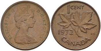 Канада 1 цент 1972 Елизавета II (1952-2022), кленовый лист KM 59.1 бронза 261-1143