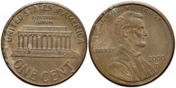США 1 ЦЕНТ 2000 D, ЛИНКОЛЬН KM 201b цинк плакированный медью 4396-458