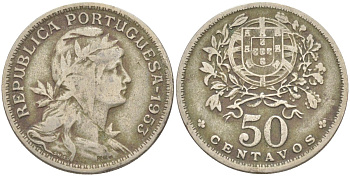 Португалия 50 сентаво 1953 голова Свободы вправо KM 577 медно-никель 219-847